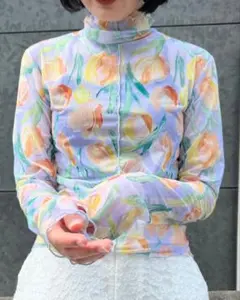 Orange tulip see-through tops High neck