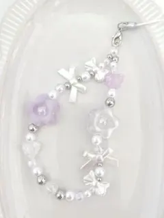 【透明感】パープルのお花〰︎︎ビーズストラップ⋆˙⟡約16cm C64