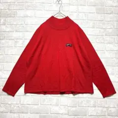 長袖ニット L レッド 美品 ワンポイント ハイネック 派手 ウール混 差し色
