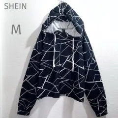 シーイン【M】幾何学模様♡フード付きパーカー♡黒♡ブラック♡総柄♡薄手パーカー