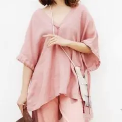 美品 23区 LIBECO リネン100% ギャザーブラウス ピンク S～Ｌ相当のサムネイル