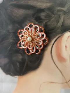 水引のヘアクリップ　和装　髪飾り　花　オレンジ　【ハンドメイド】