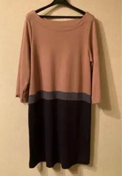 美品　無印良品　濃いベージュ・グレー・黒のひざ丈ワンピース　七分袖　Ｌ
