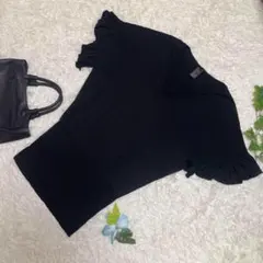 美品　Sov. ソブ　五部袖カットソー　ミドル丈　黒　ストレッチ　裾リブ　F