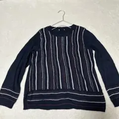 ストライプ柄長袖ニットセーター ネイビー
