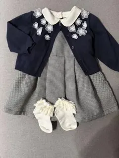 プティマイン　ネイビー花柄刺繍カーディガンとドレスセット