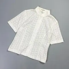 美品 ハナエモリ フラワー刺繍スタンドカラーブラウス シャツ 白40*ND799のサムネイル