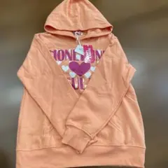 オレンジ フード付きパーカー ハートプリント　裏起毛