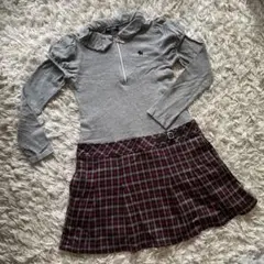 ポンポネット 長袖ワンピース グレー・チェック