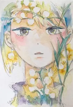 肉筆原画【花浴み】水彩画 女性の肖像portrait woman Flower - メルカリ