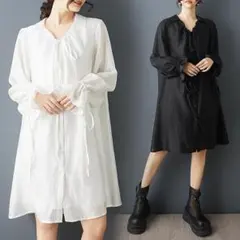 新品 大きいサイズ 白黒シャツワンピVネック長袖体型カバー春夏ゆったり