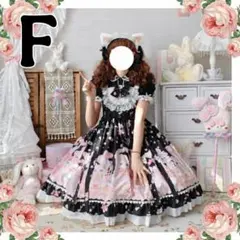 G22 可愛い猫ネコ柄　マカロン柄　カチューシャ付きゴスロリワンピース F 黒