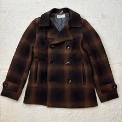 HAREウール混ピーコートブラウンオンブレチェック総柄ゆったりアウター2497