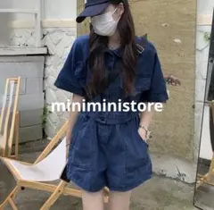 デニム 半袖シャツ&ショートパンツ　セットアップ インディゴブルー　Ｌ