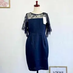 新品 レース切り替え ワンピース パーティードレス ネイビー L 結婚式 ドレス