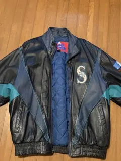 スタジャン レザー 本革 MLB マリナーズ 裏地キルティング 黒 紺 灰 L
