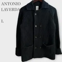 アントニオラヴェルダ　リブニットポロカーディガン　ウール100% ネイビー　L