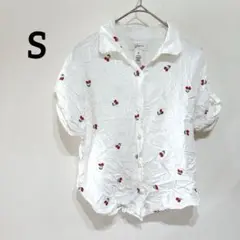 【S】チェリー刺繍 半袖シャツ さくらんぼ 白 シャツ