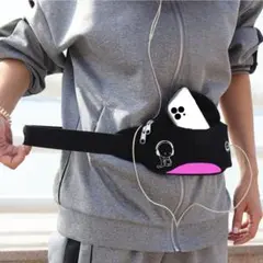 ●新品●ボディバッグ ウエストポーチ ランニングバッグ＜黒×ピンク＞ コンパクト