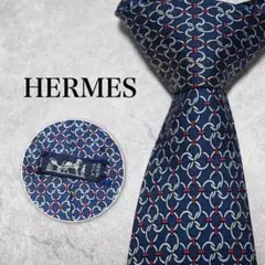 【訳あり】HERMES エルメス ネイビー 総柄 ネクタイ