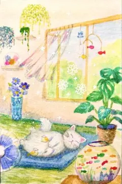 knp13様専用原画 水彩画 猫と小鳥と夏のベランダ 値段は※900円です