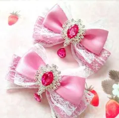 リボン ヘアクリップ 左右2個セット 量産型 地雷系 ローズピンク×白レース