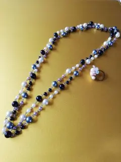 ✿2点未使用　マルチカラー　リング　指輪　ロングネックレス　パール　ネックレス