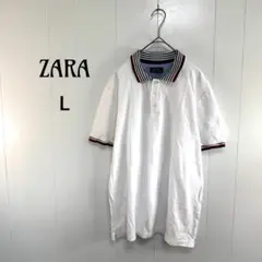 ザラ メン 半袖ポロシャツ 裾襟ライン リブ コットン100% L