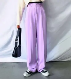 【未使用】タックストレートパンツ紫　ラベンダー　XL　ミームセレクト