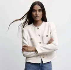 MNG ツイードノーカラーアイボリージャケットXS