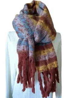 モヘア　ストール/マフラー ドレット調フリンジ　茶/黄/ブルー　マーブル　縞