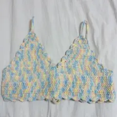 かぎ針編み ニット ビスチェ キャミソール 水色 ピンク 黄色 カラフル リボン