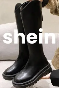 新品未使用sheinシーイン美脚厚底ブラックVカットロングブーツ23.5cm37