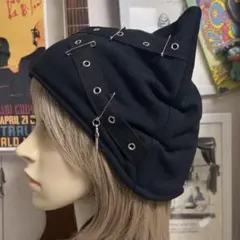 猫耳☆ニット帽　ハトメテープ×十字架ワッペン　黒