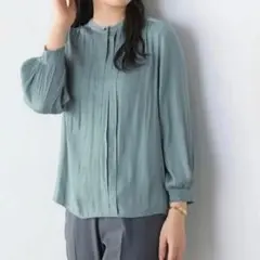 新品　AOKI アオキ　割繊タックデザインブラウス　S ブルーグリーン