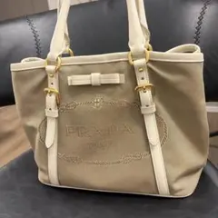 プラダ ハンドバッグ 三角ロゴ ジャガード リボン キャンバス レザー