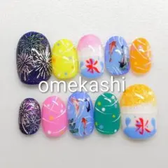現品☆ネイルチップ　夏祭りネイル　花火　かき氷　ヨーヨー　ショートオーバル