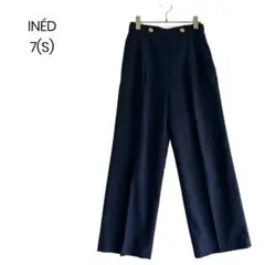 【INÉD】ネイビー 金ボタン ハイウエストパンツ 混麻 7(S) a0842