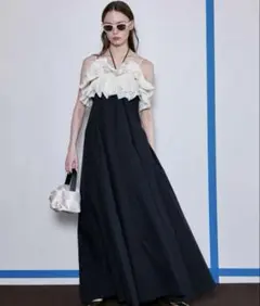 【メゾンスペシャル】フリル付き黒白ロングキャミワンピース