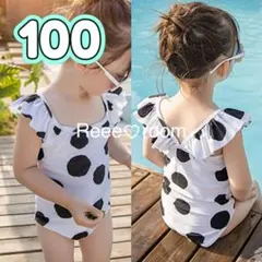 ２点セット★キッズ フリル水着 ドット柄 女の子100 スイムウェア 白黒 水泳