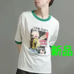新品【ユニセックス】オーバーサイズ ラグランスリーブ リンガー プリントTシャツ