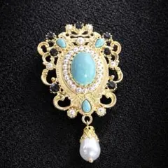 【訳あり大特価‼️】アンティーク調 ターコイズ風 パールブローチ 大粒ヴィンテージ