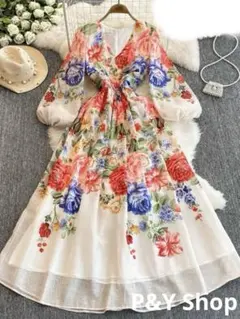 春秋コーデ❤️レディース　ロング丈ワンピース　　花柄　Ｖライン　花柄
