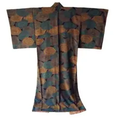 今だけ値下げ　正絹 着物 小紋 幾何学柄 黒字に黄色と緑 袷