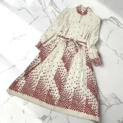 ロングワンピース 花柄 ウエストリボン ハイネック　レトロ　ヴィンテージD379