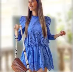 ZARA】ザラ　パフショルダーワンピース　ブルー　レース　刺繍　M