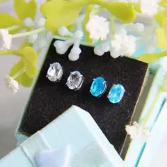 ネオンブルーアパタイト×アクアマリン 一粒ピアスセット｜夏色の輝き2色