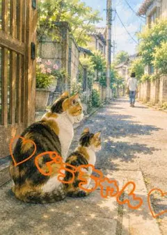 《一点限り》三毛猫 親子 路地 日常 夏 水彩画