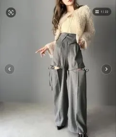 リボンストラップ２WAYセンタープレスハイウエストワイドスラックスパンツ