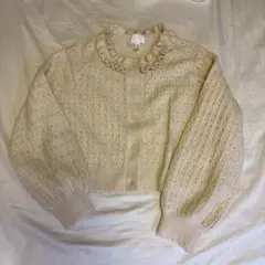 H&M アイボリー フリル襟 ニットカーディガン　M